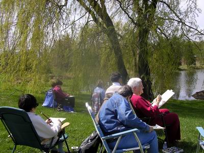 Sumi-e artists at work outdoors