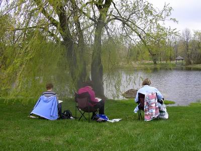 Another group worked pensively on the pond and its surroundings