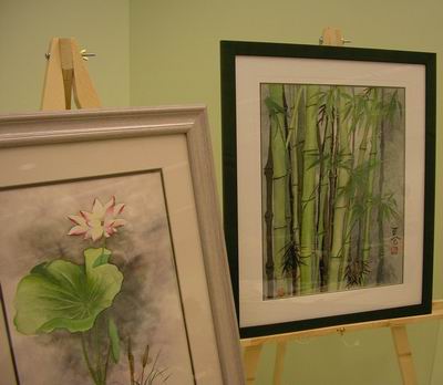 Flower and bamboo paintings on fine line paper by Midge Prong