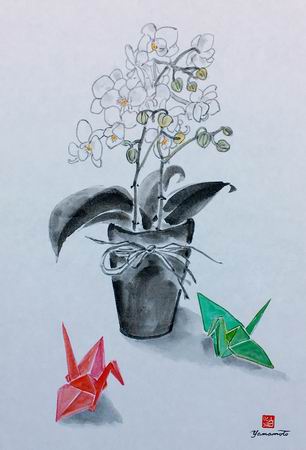Orchid Flower and Paper Crane by Hiroshi Yamamoto